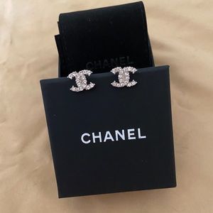 CHANEL Authentic Small Stud Earrings Silver with Crystals